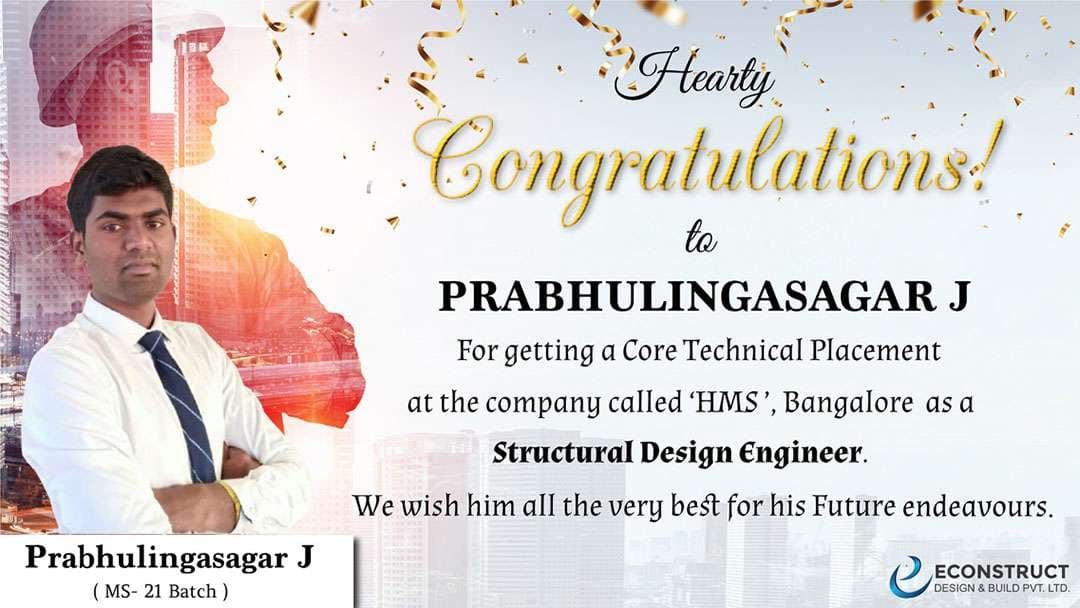 Econstruct placement announcement for Prabhulingasagar J, Structural Design Engineer at HMS in Bangalore
