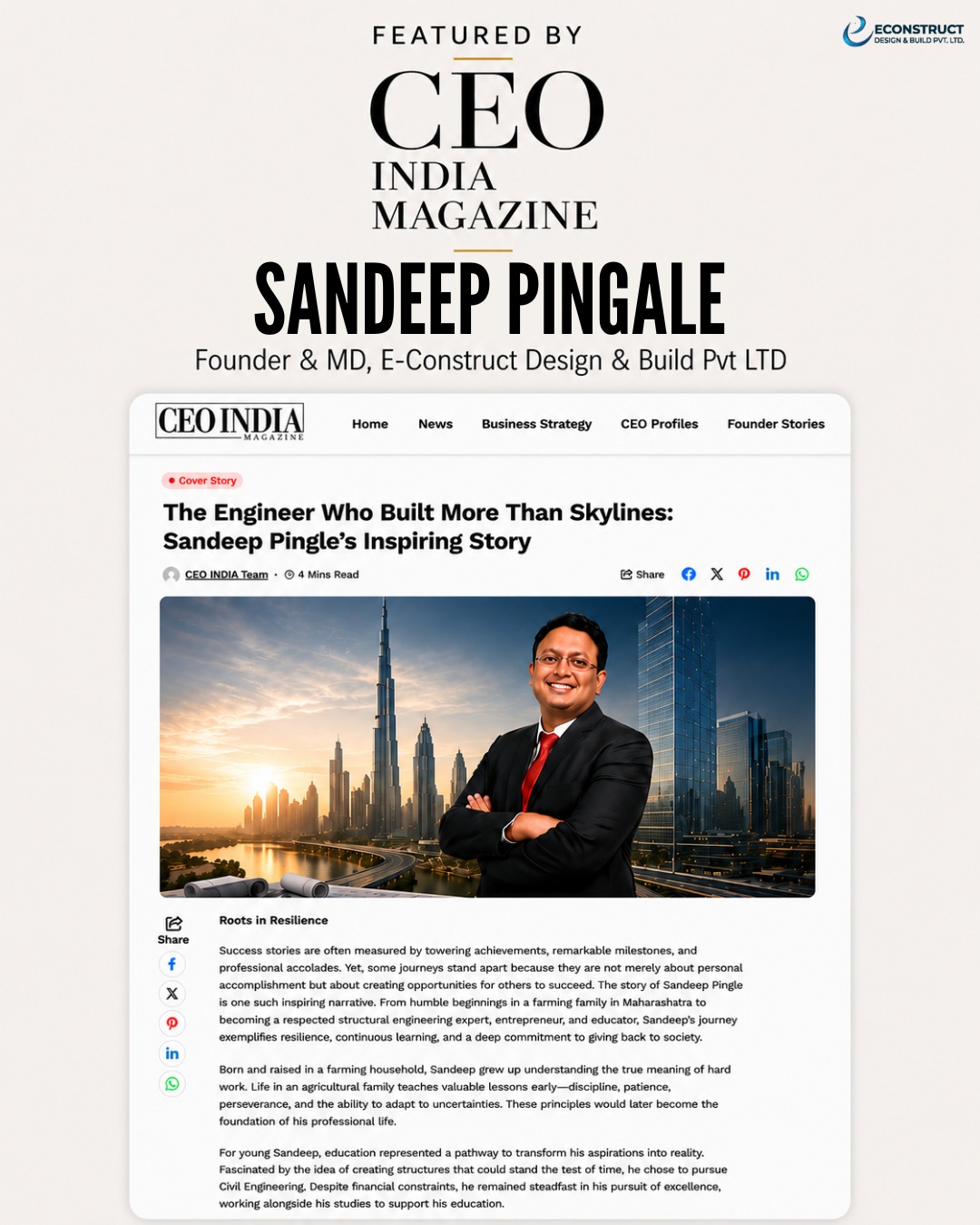 Sandeep Pingale featured by CEO India Magazine.
